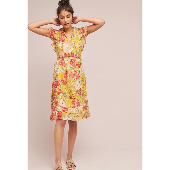 Anthropologie Dolan Left Coast Ellory Silk Dress Floral Yellow Ruffle XS - Picture 5 of 15
